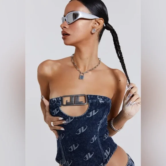 ❌SOLD❌ Jaded London Denim Monogram Strapless Buckle Logo Hardware Corset Top - Picture 7 of 7